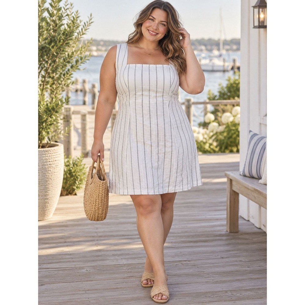 Old Navy Womens XL White Blue Pinstripe Linen Blend Smocked Back Mini Dress NWT